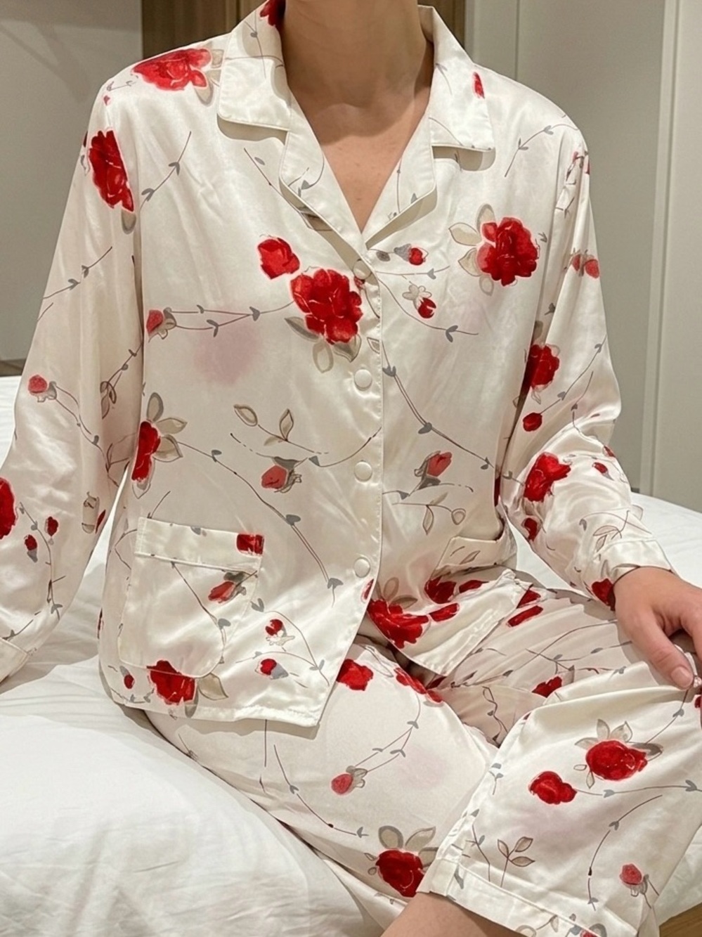 100% Silk Floral Pajama Set - Red Rose Print